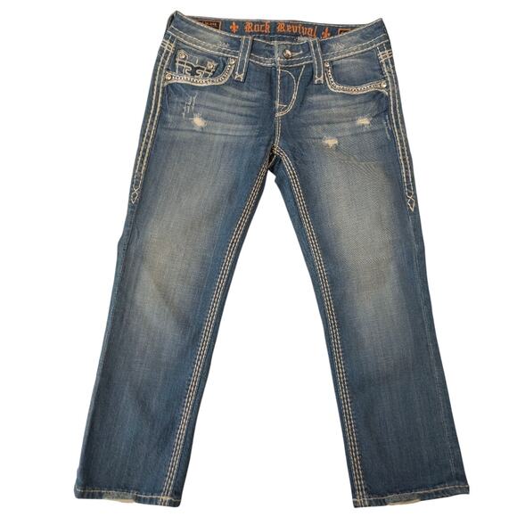 New ROCK REVIVAL Capri Denim Jeans KAI Light Wash Rhinestone Pockets Women 28 - Picture 2 of 10